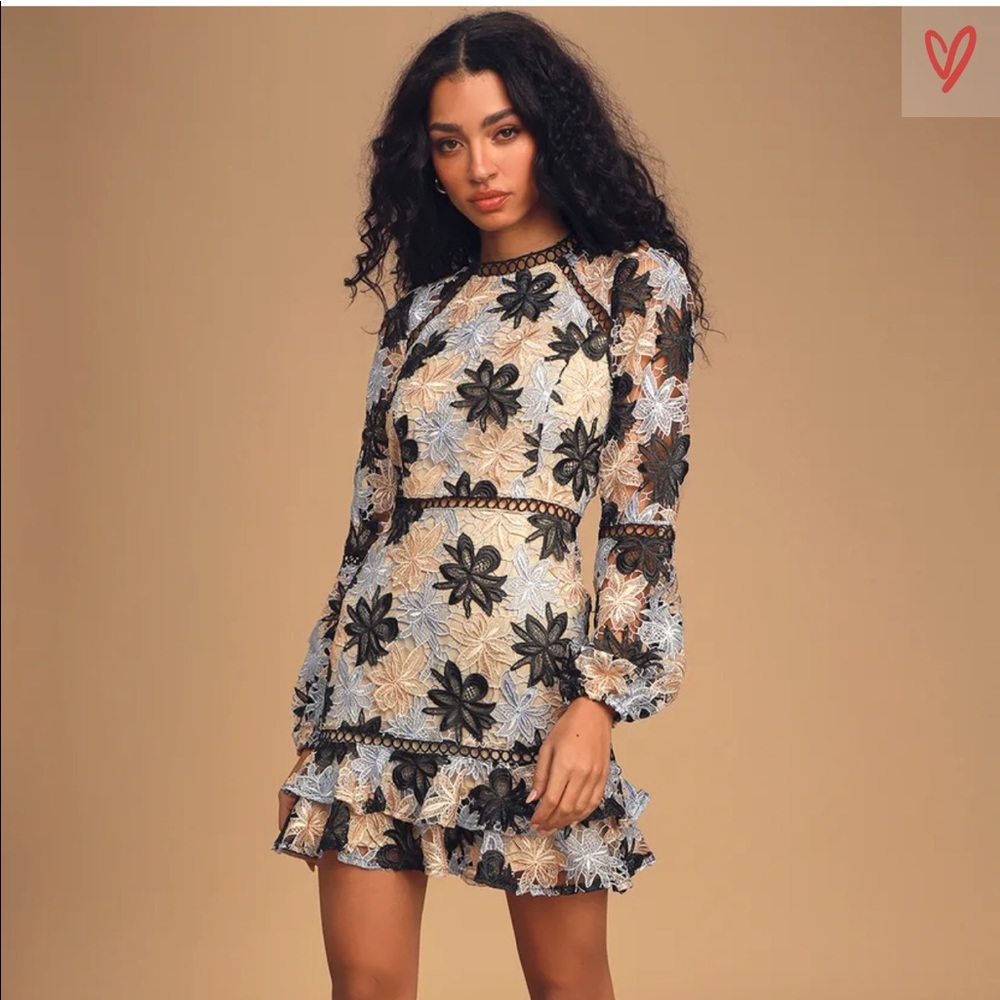 Lulu’s Come To The Party Lace Ruffle Mini Dress L